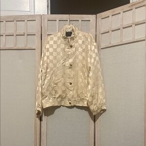 Elegant Beige Silk Checkered Women's Bomber Jacket